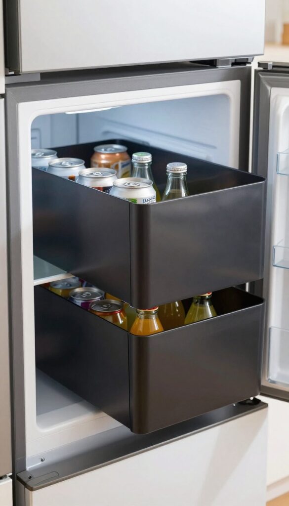 Open French door refrigerator with a pull-out bin filled with organized beverages, cans and bottles separated, in a bright kitchen.