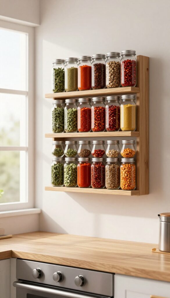 Wall-mounted spice rack near stove with clear jars of colorful spices, bright natural light, clean modern kitchen
