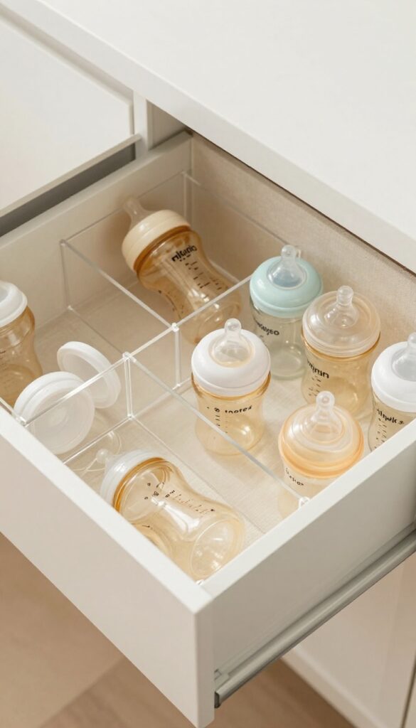 Clear acrylic drawer dividers organizing baby bottles and parts in a kitchen drawer