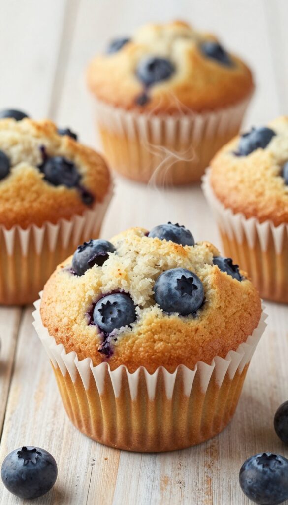 Freshly baked keto blueberry muffins on a wooden table, golden brown with visible blueberries, moist crumb, steam rising, natural light.