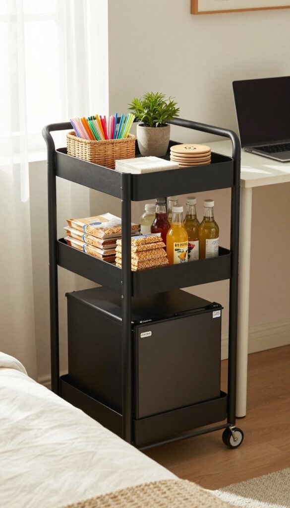 A rolling cart with a mini fridge on the bottom shelf, snacks on the middle, and a basket with napkins and straws on top, placed beside a bed in a bright bedroom.