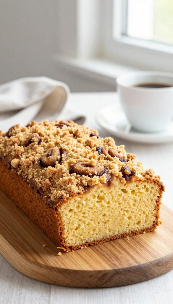 Gluten-free cinnamon streusel coffee cake on a wooden table with a slice removed, coffee cup beside it.