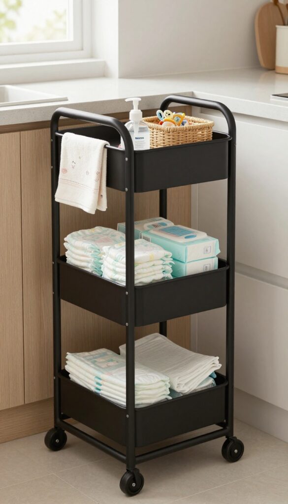Slim black metal cart in kitchen corner holding baby diapering essentials with woven basket and hand towel, bright natural light.