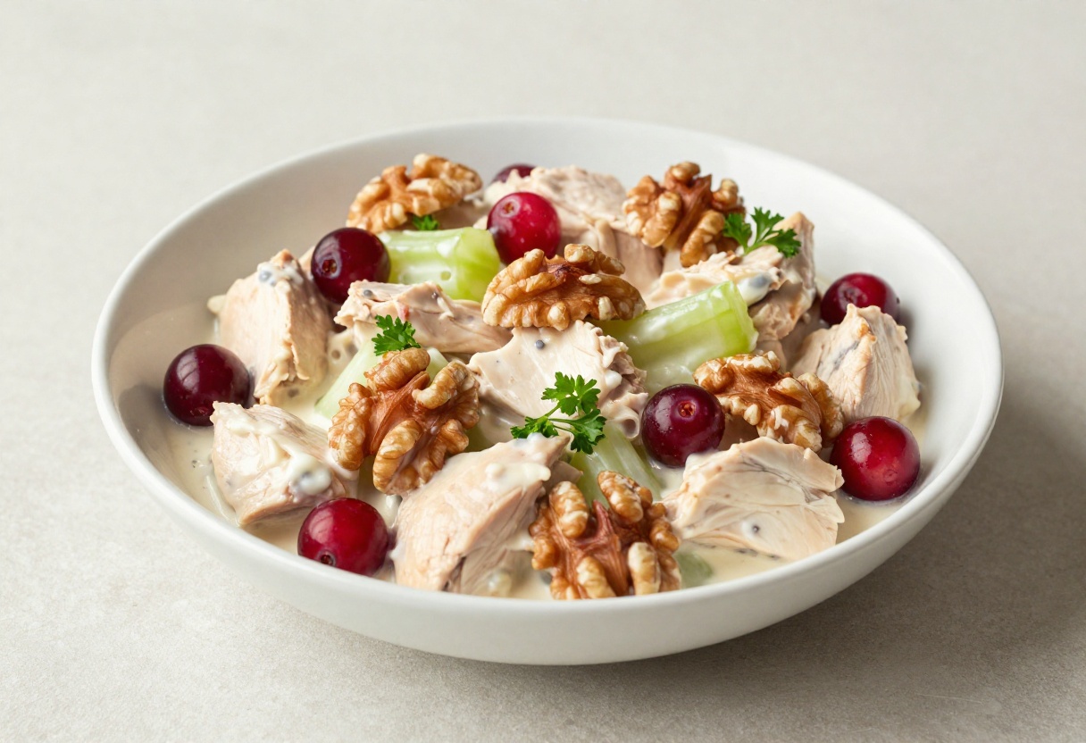 Cranberry walnut chicken salad in a white bowl with parsley garnish