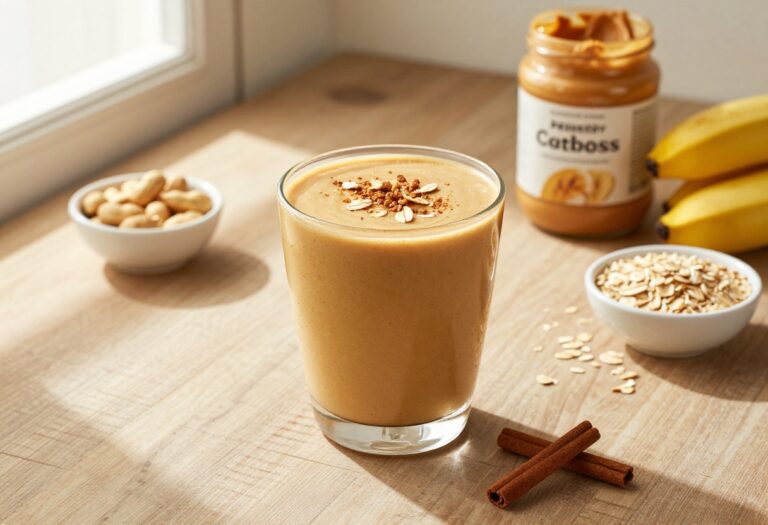 Creamy banana peanut butter oat smoothie in a glass with cinnamon garnish and ingredients on a wooden table