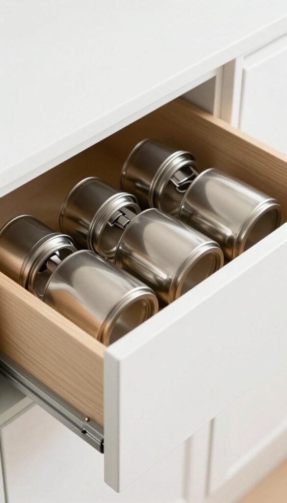 Magnetic strip inside pantry drawer holding metal lids and tools