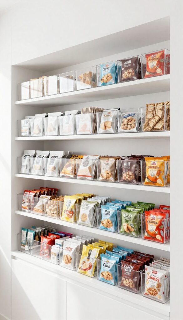 Stackable clear bins on a pantry shelf filled with snack packs and pouches, organized in neat rows, bright natural light, modern clean look