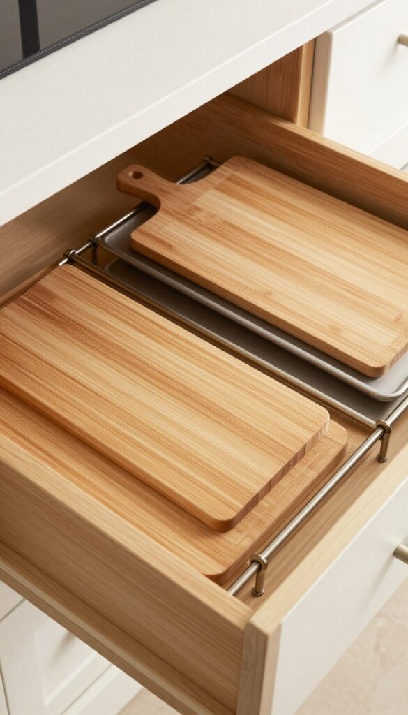 Deep kitchen drawer organized with vertical tension rods, holding baking sheets and cutting boards upright on a bamboo liner.