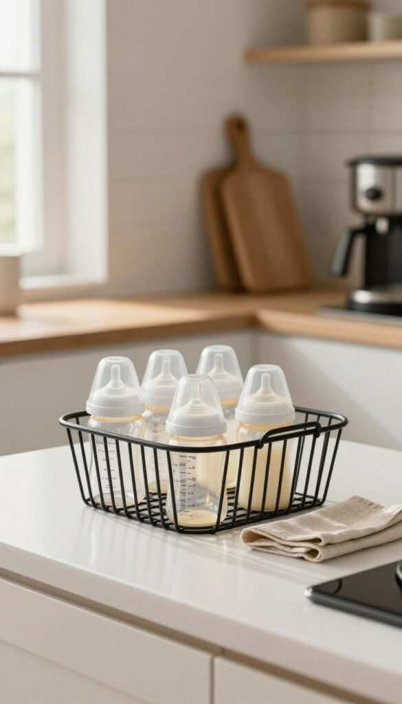 A slim wire basket on a kitchen counter holding baby bottles in natural light.