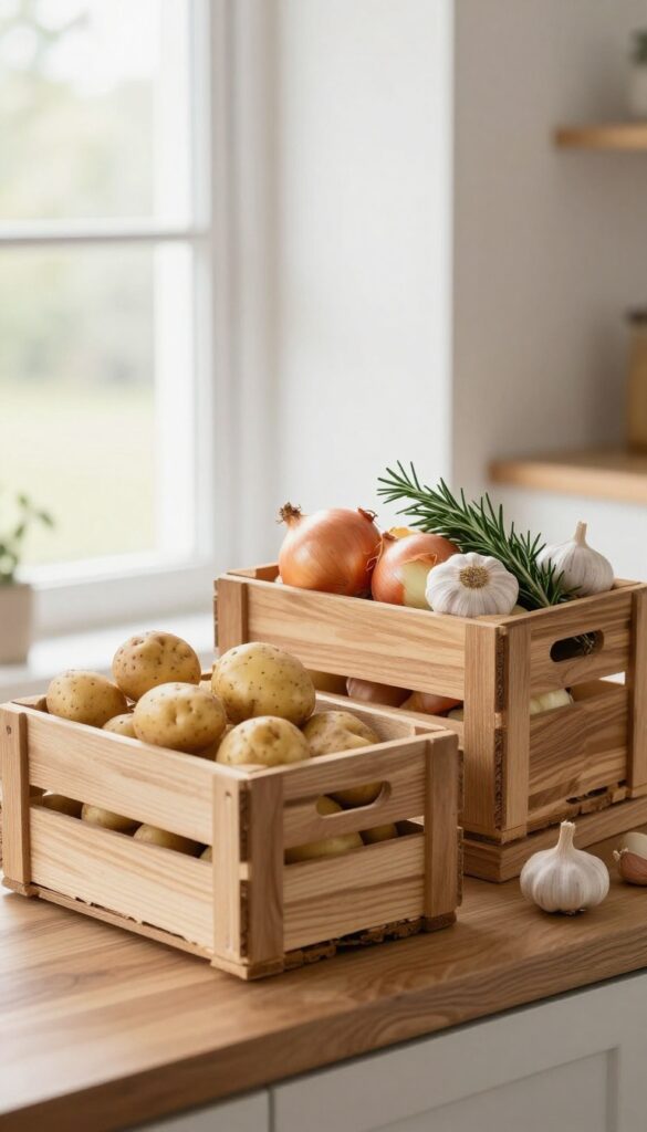 Open wooden crates on a kitchen counter filled with fresh produce, natural light, farmhouse style.