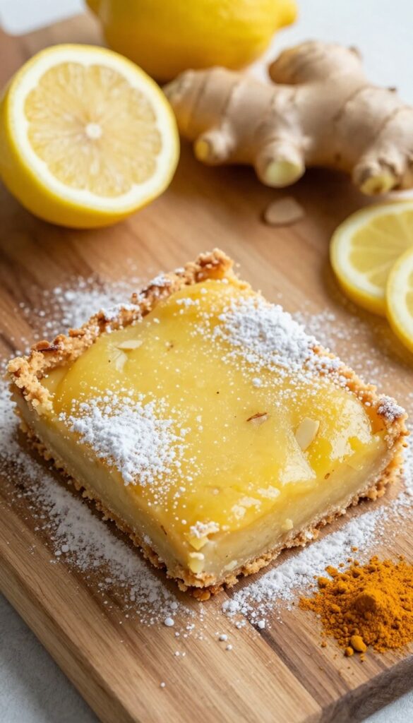 Keto lemon bar with ginger and turmeric on a wooden board with lemon slices and spices