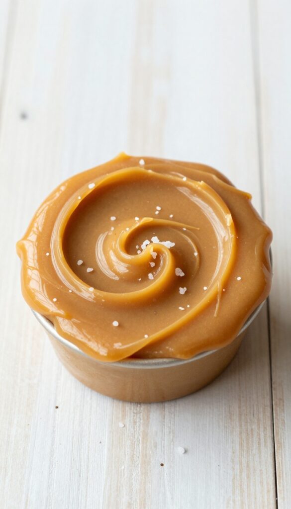 Salted caramel peanut butter fudge in a loaf pan with caramel swirls and sea salt flakes.