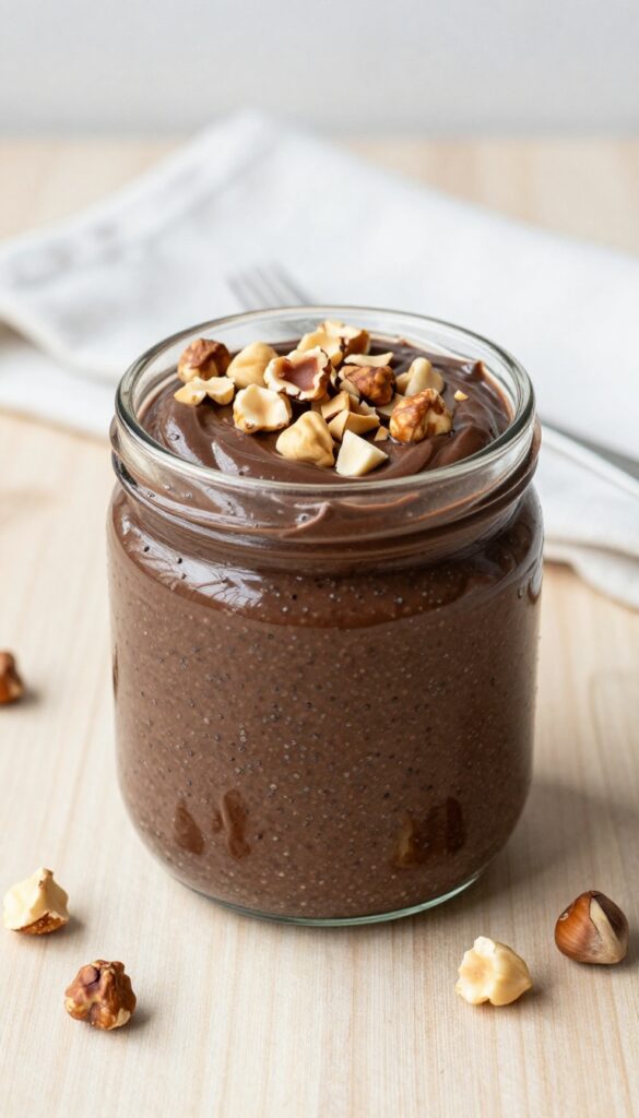 Chocolate hazelnut chia pudding in a glass jar with hazelnut spread swirl and chopped hazelnuts on top, natural light.