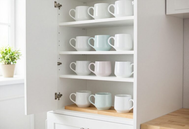 Neatly organized mugs on a tiered stand in a bright kitchen with open shelving and natural light.