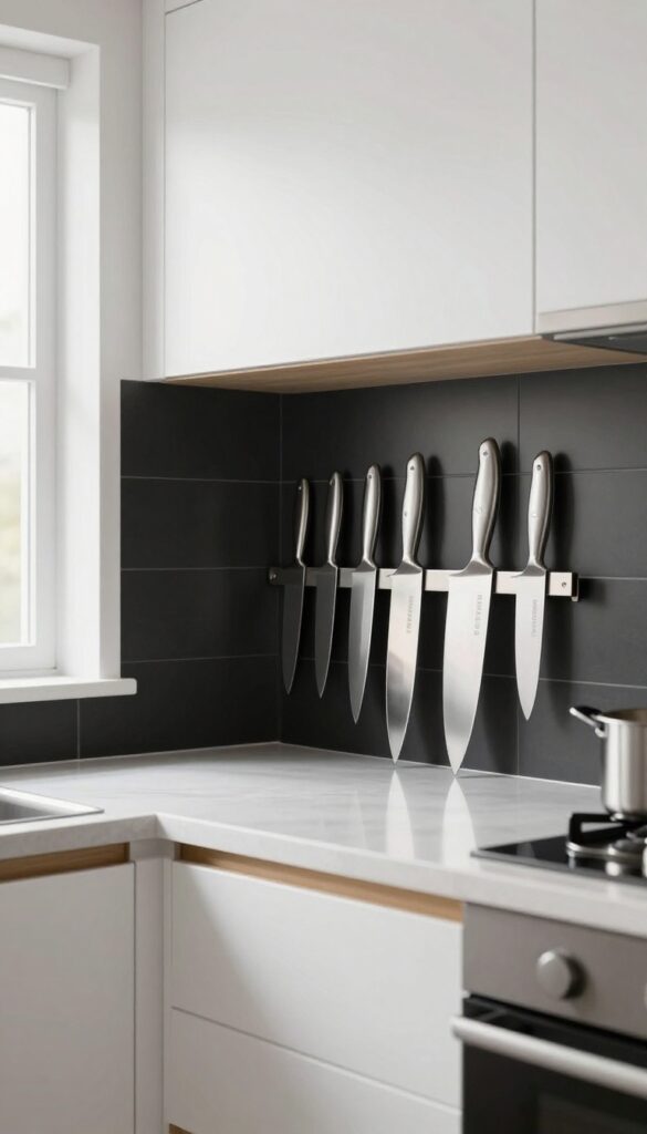 Magnetic strip holding knives on a kitchen backsplash