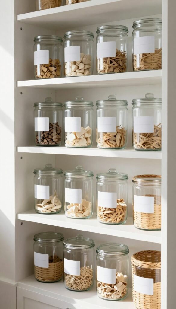 Bright pantry with labeled clear canisters and woven bins on white shelving, clean and organized.