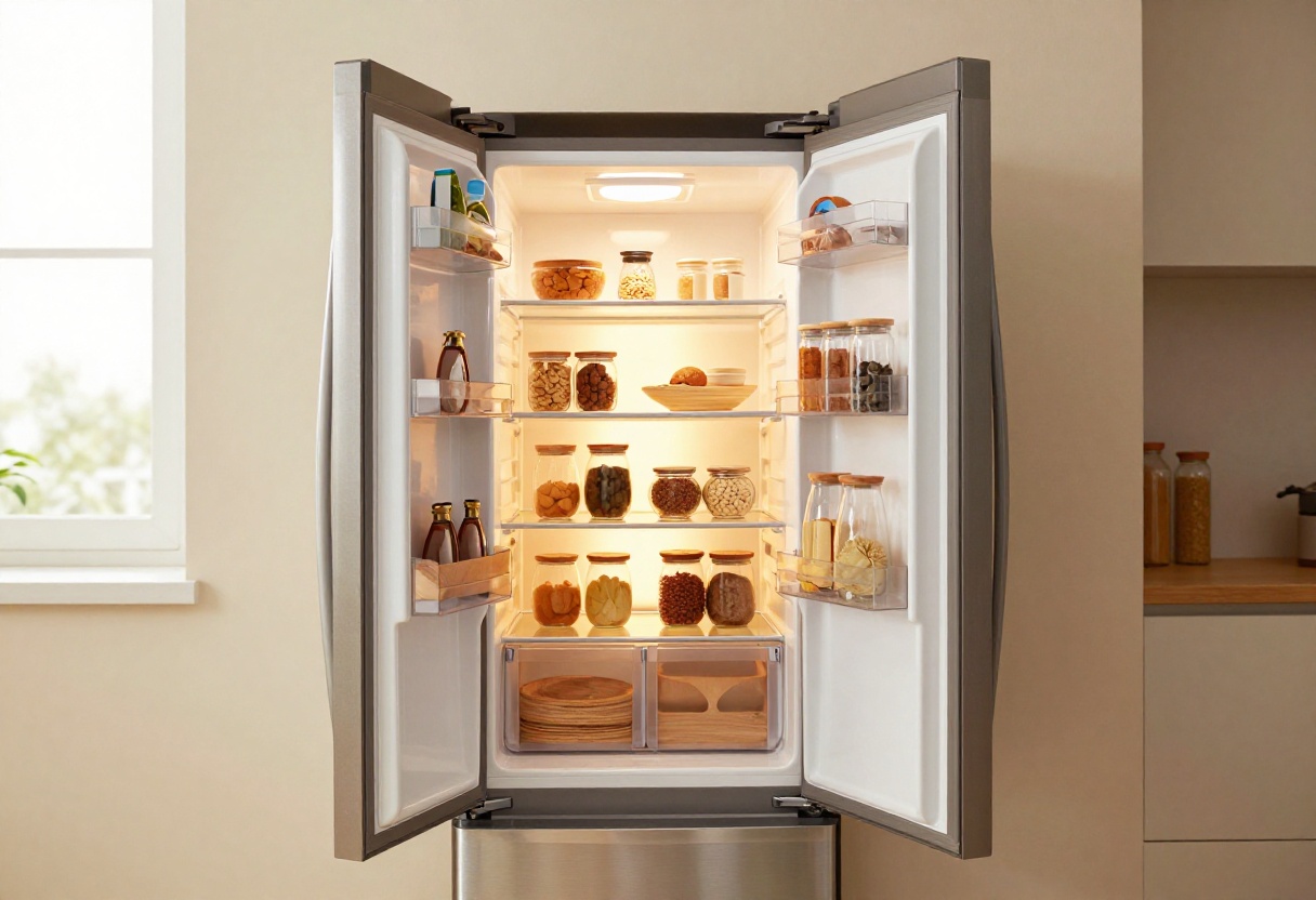 Open side-by-side fridge with wooden bins, glass jars, and warm lighting in a cozy kitchen