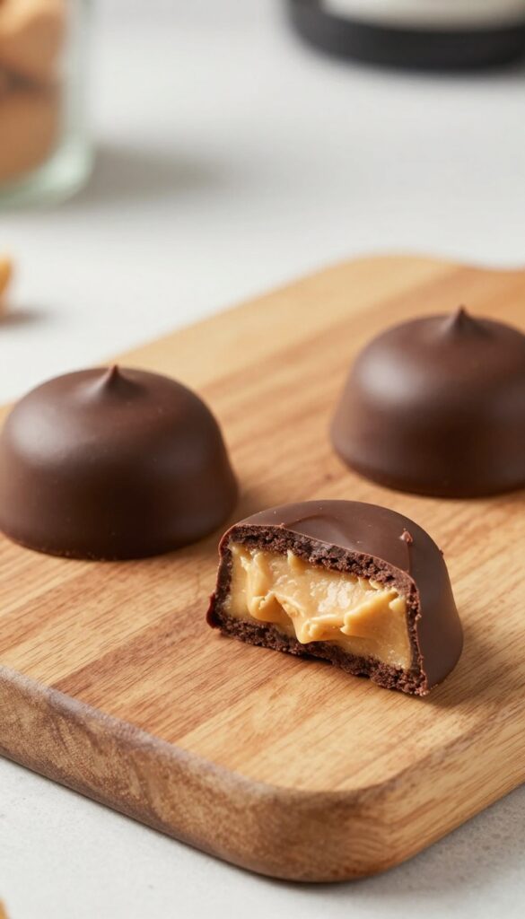 Three keto chocolate peanut butter cups on a wooden board, one cut in half showing peanut butter filling.