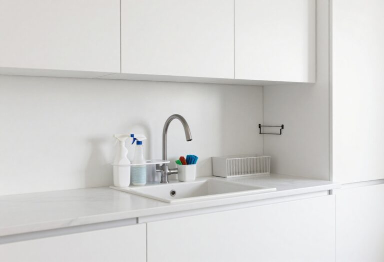 Under kitchen sink organization with cleaning supplies in clear bins and pull-out baskets