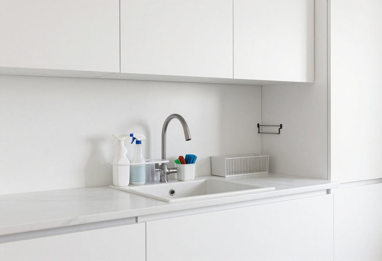 Under kitchen sink organization with cleaning supplies in clear bins and pull-out baskets