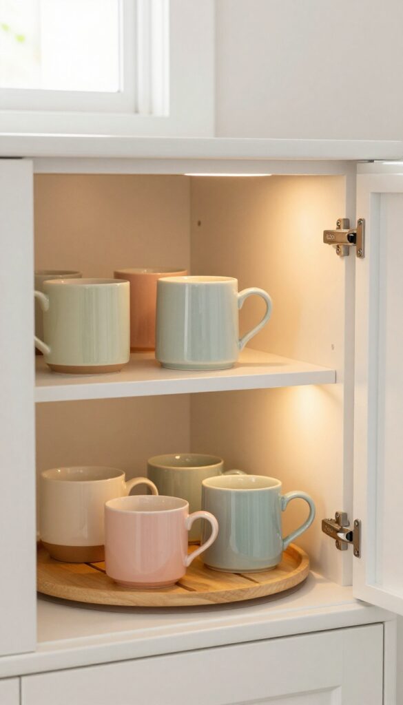 Corner cabinet lazy Susan with organized cups and mugs in a bright kitchen