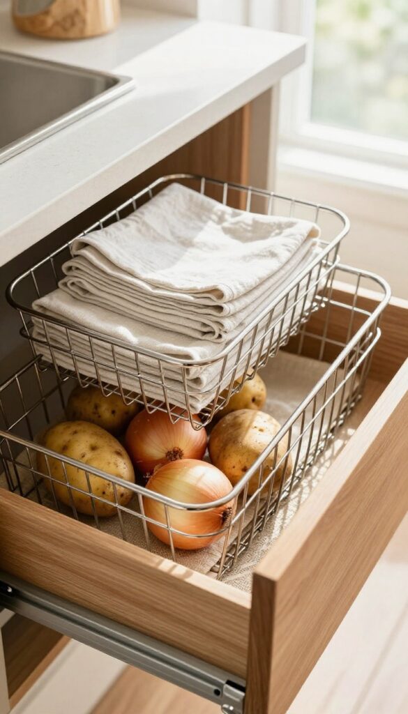 Deep kitchen drawer with two stackable wire baskets, bottom with produce on a natural mat, top with folded linens, bright natural light, warm wood, cozy kitchen setting.