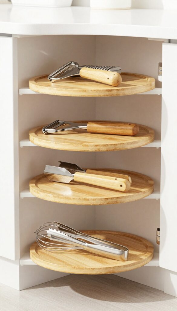 Open corner cabinet with a bamboo tiered Lazy Susan organizing kitchen gadgets on two levels