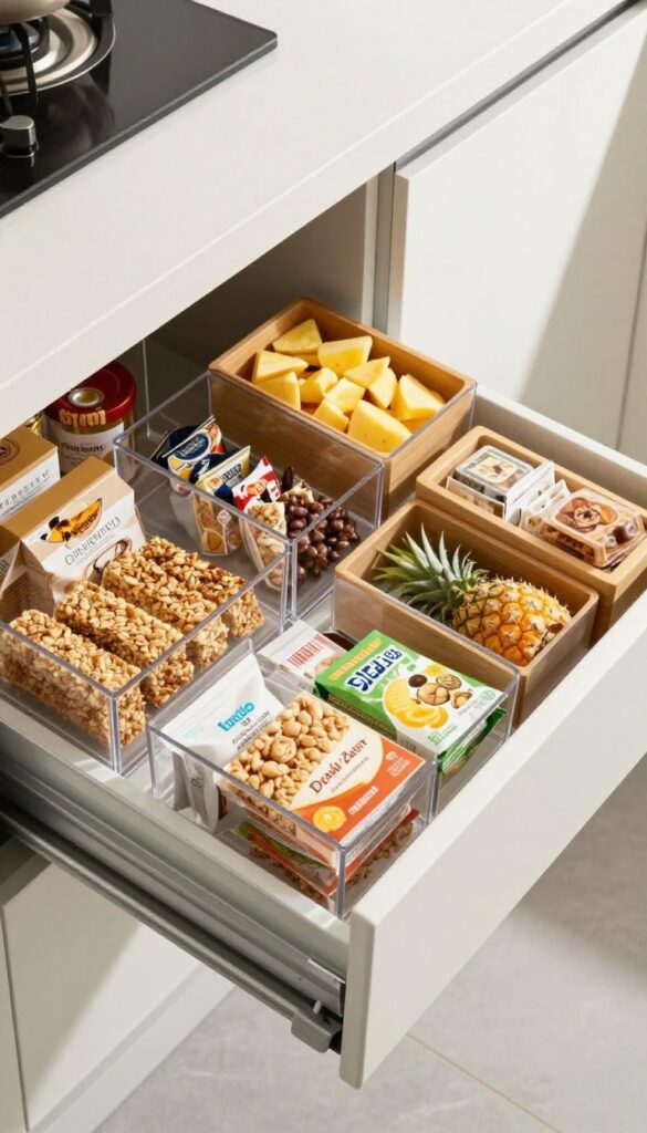 Open kitchen drawer with modular bamboo and acrylic inserts organizing snacks and tea bags, bright natural light, clean and tidy.