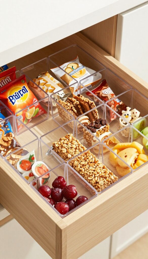 Clear plastic bin dividers in a deep pantry drawer organizing colorful snack packs upright.