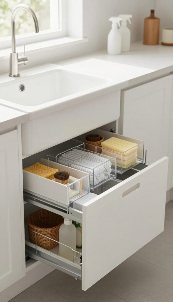 A clean, organized pull-out drawer under the kitchen sink, holding cleaning supplies in clear bins and baskets.