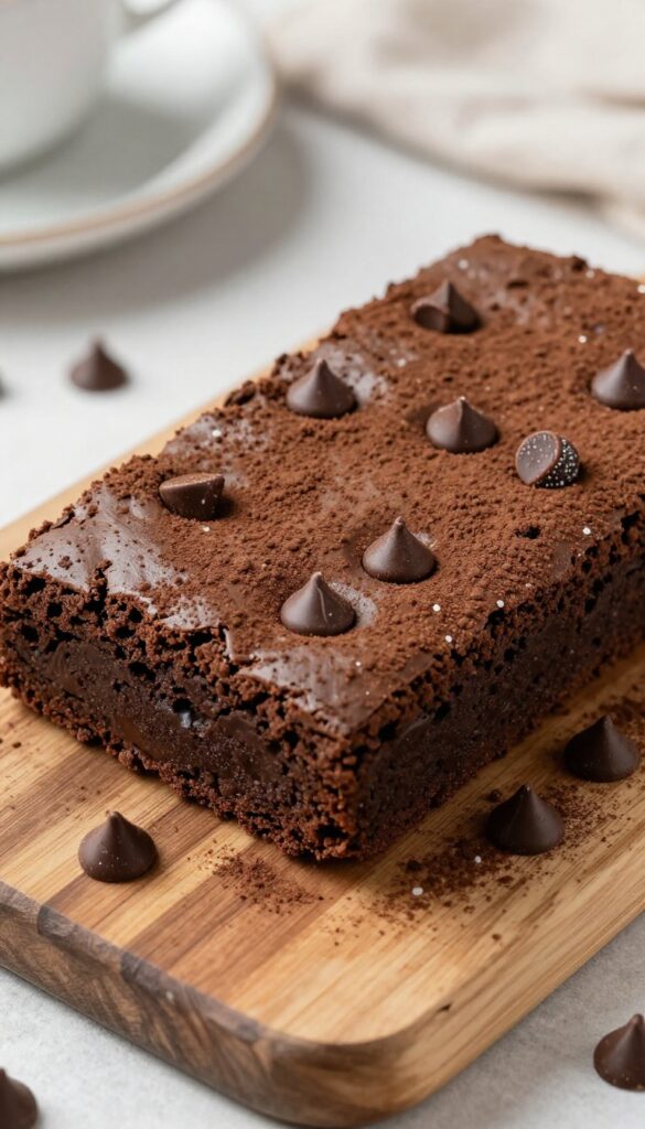 Double chocolate keto brownie on a wooden board with cocoa powder and chocolate chips, fudgy texture, bright natural light.