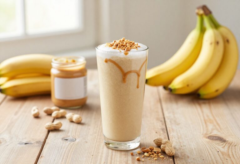 Creamy peanut butter banana smoothie in a glass on a wooden table with bananas and peanut butter