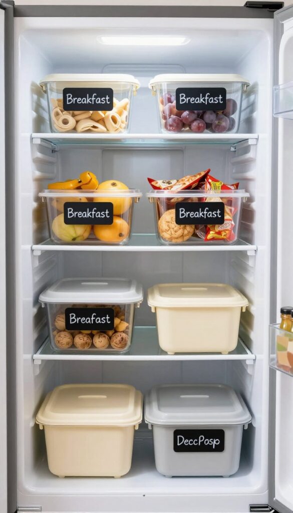 A bright refrigerator interior with labeled zones using clear bins and baskets, organized by category like breakfast, snacks, and meal prep.