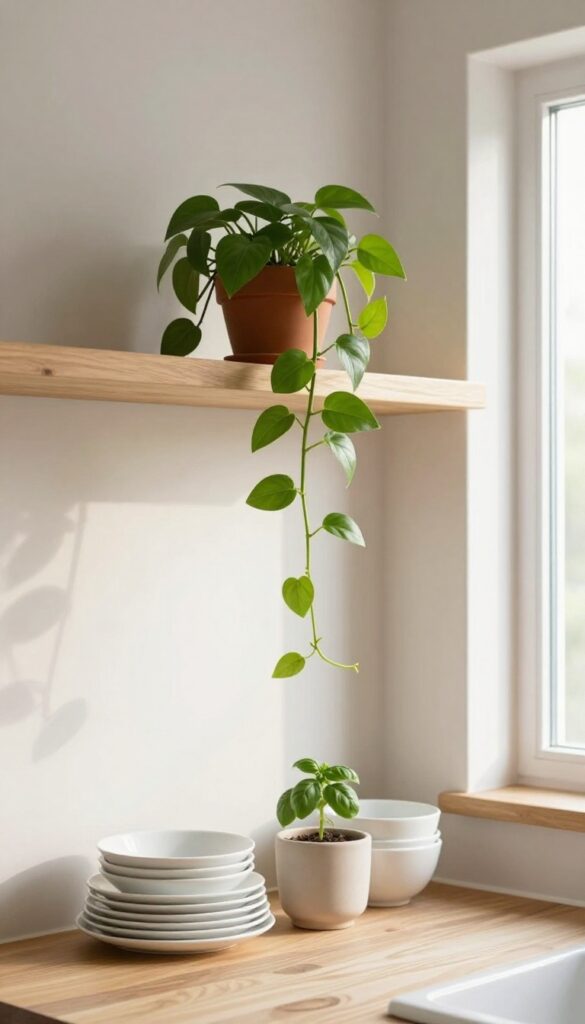 Open kitchen shelves with a trailing pothos on an upper shelf and a basil plant on a lower shelf among white dishes, bathed in natural light.