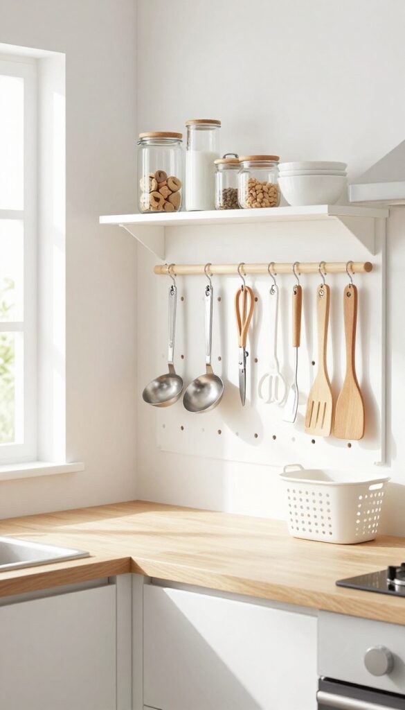 White pegboard in open pantry holding kitchen tools and small basket, bright natural light, clean minimalist design
