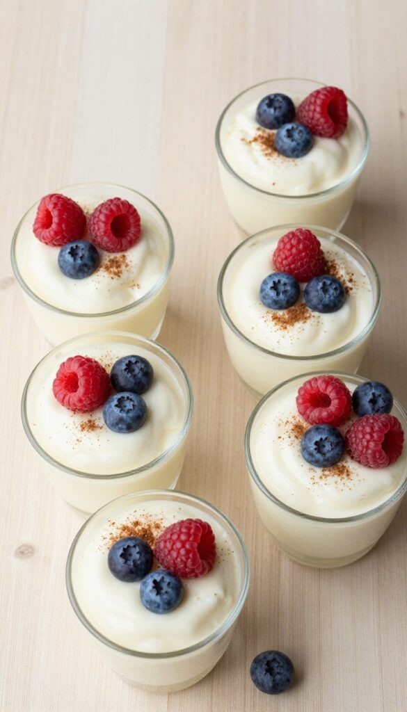 Four glass cups of no-bake vanilla custard topped with berries and cinnamon on a wooden table.