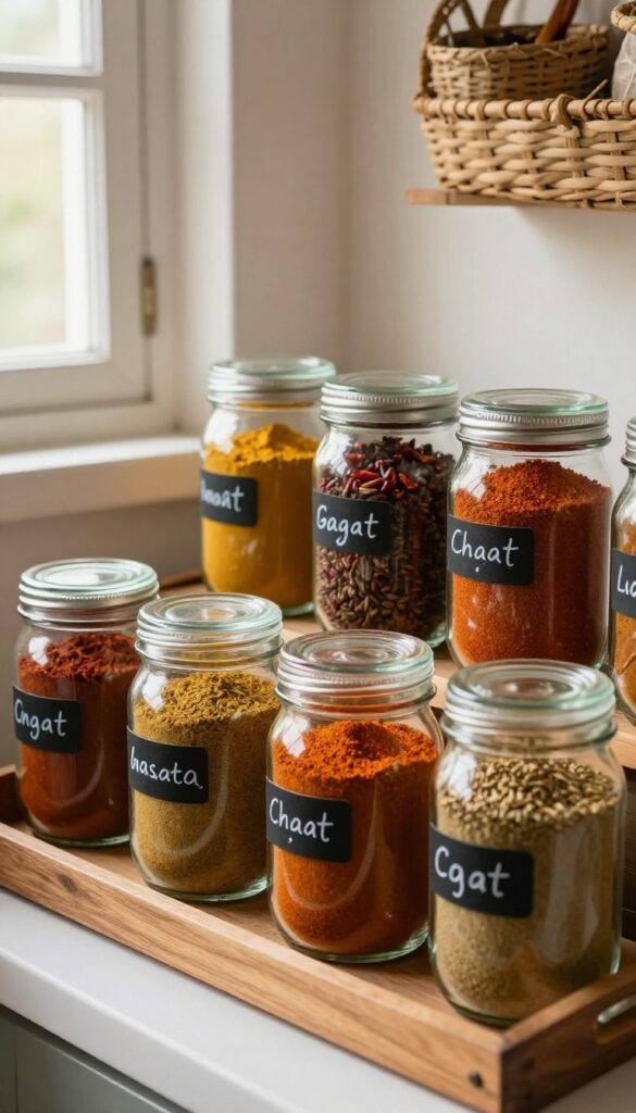 Repurposed glass jars filled with colorful spice mixes on a wooden tray in a warm, sunlit Indian pantry.