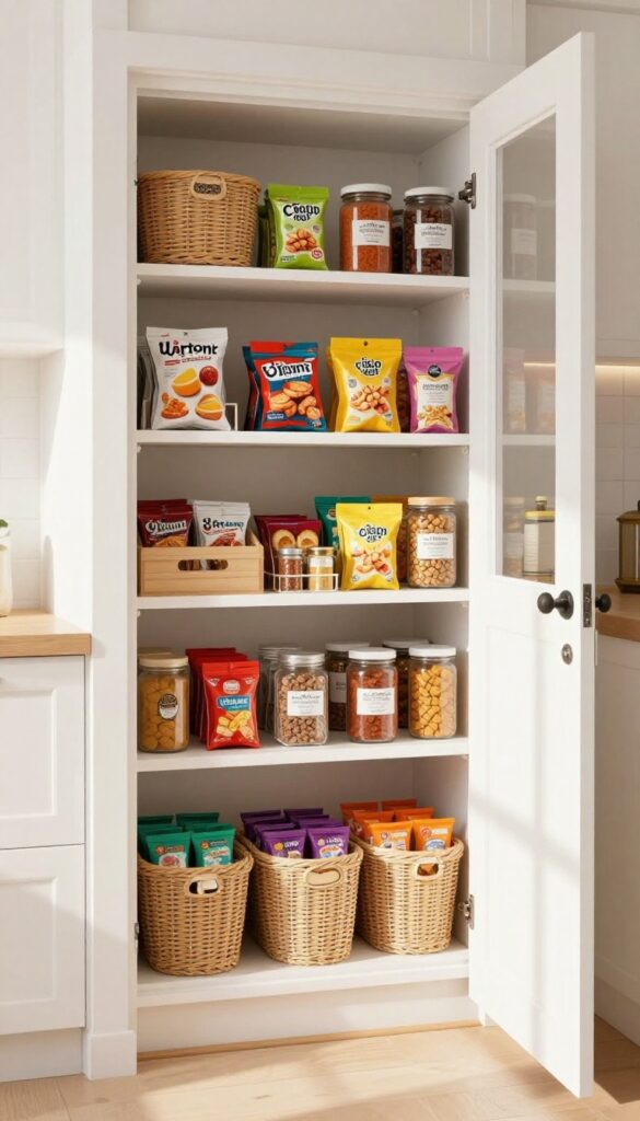 Clear over-the-door shoe organizer filled with snacks and spices hanging on pantry door, bright natural light, tidy pantry shelves.