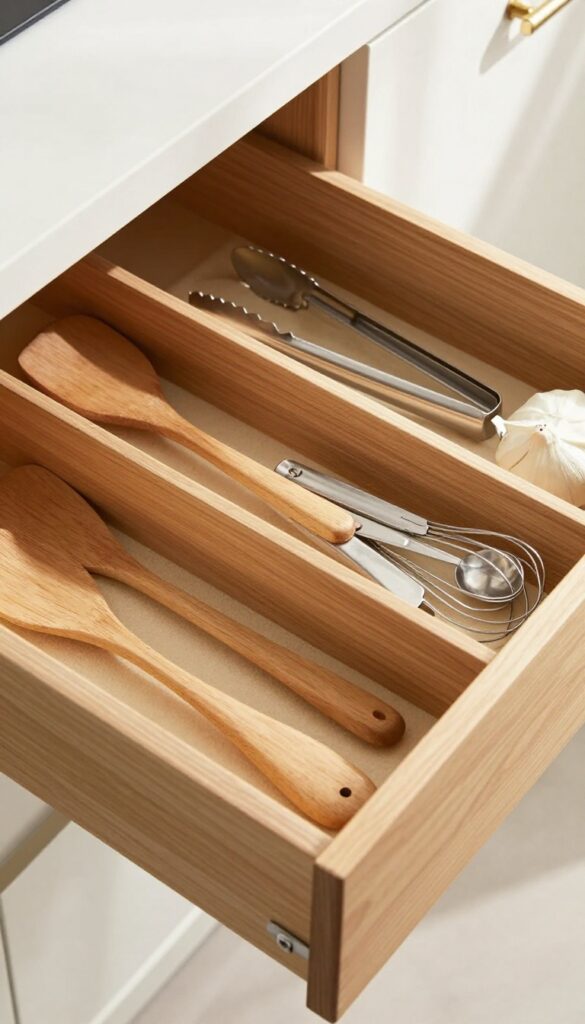 Organized kitchen drawer with wooden dividers separating utensils and gadgets