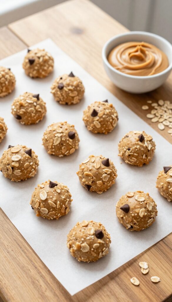 No-bake peanut butter oat bites on parchment paper with oats and peanut butter nearby.