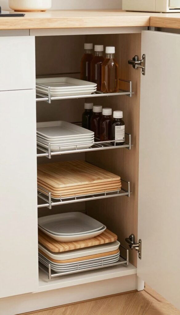 Open corner cabinet with pull-out rack organizing baking sheets, cutting boards, and bottles
