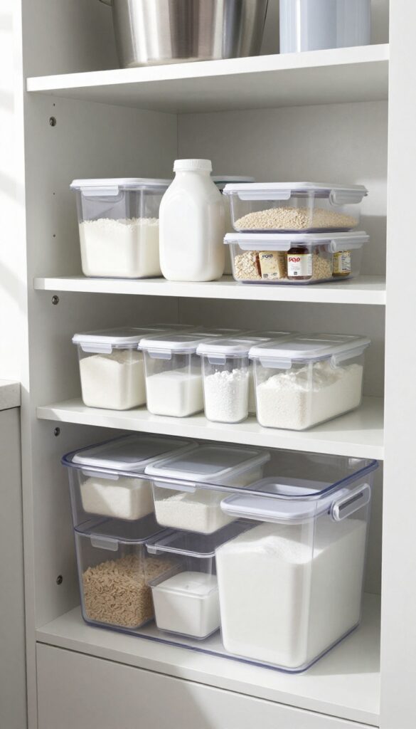 A clear-front OXO bin filled with neatly arranged baking supplies in smaller POP containers on a pantry shelf.