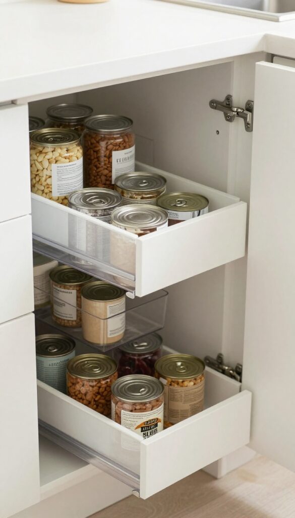 Organized pull-out pantry drawers with clear bins and first-in, first-out stock rotation system.