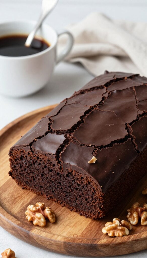 A slice of espresso and walnut flourless chocolate cake on a wooden plate with coffee and walnuts.