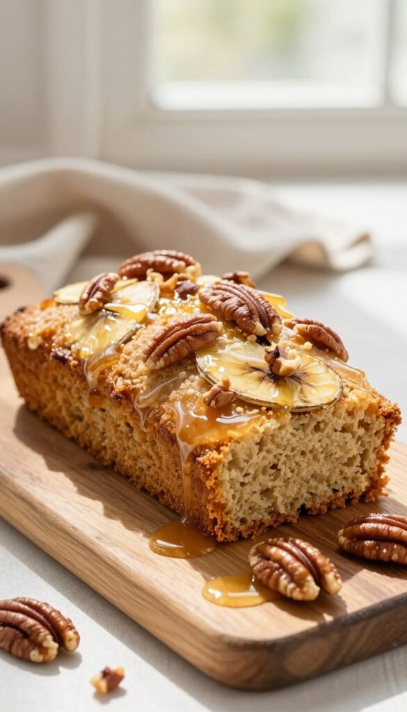 Slice of maple pecan gluten-free banana bread with glaze and pecans on wooden board