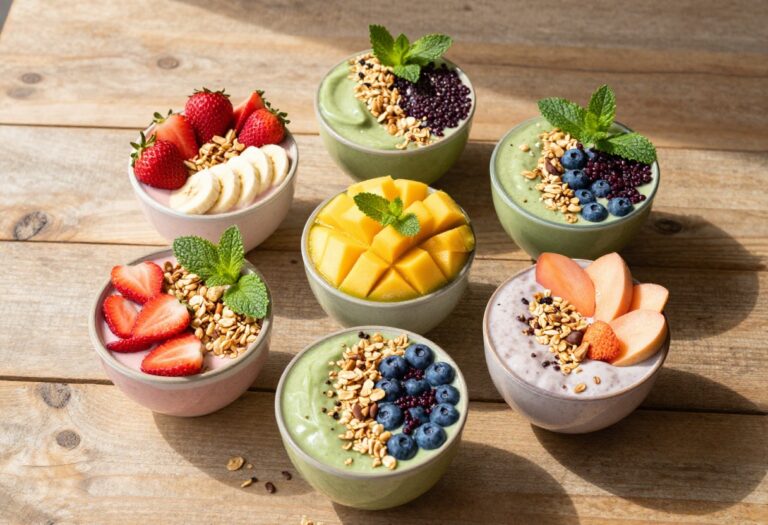 Five colorful Greek yogurt smoothie bowls arranged on a wooden table with fresh fruit toppings