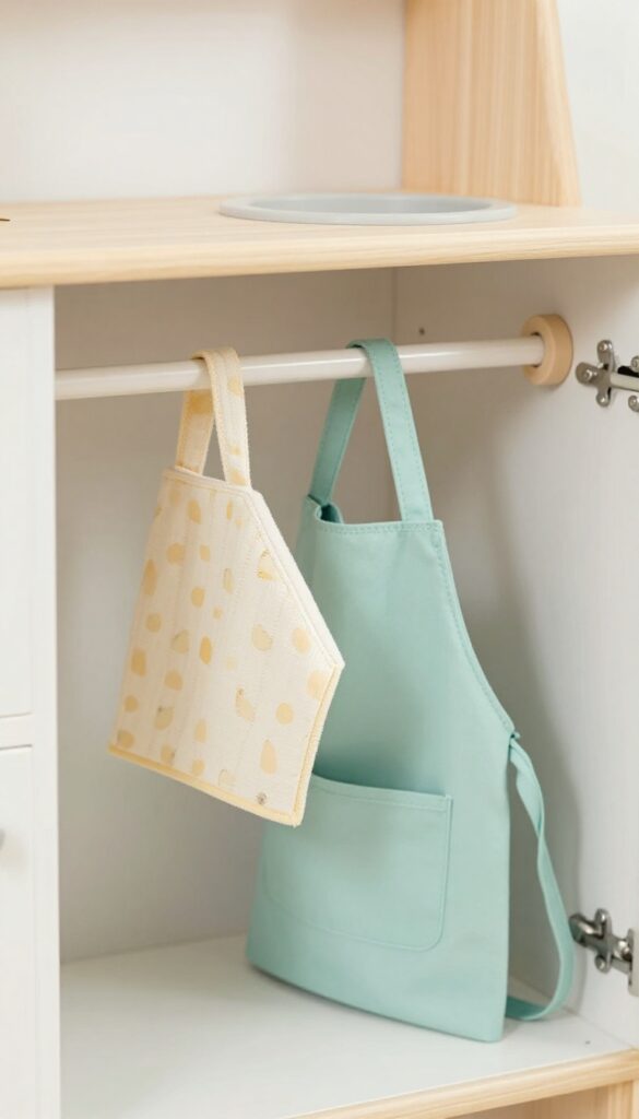 Tension rod inside play kitchen cabinet holding mini dish towel and apron