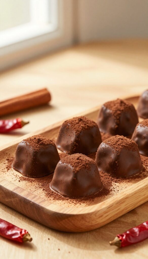 Spiced Mexican hot chocolate truffles dusted with cocoa on a wooden plate with cinnamon sticks and chili peppers.