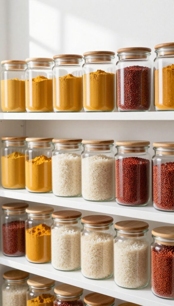 A row of clear glass jars with bamboo lids on a kitchen shelf, filled with turmeric, rice, and red lentils, bathed in natural light.