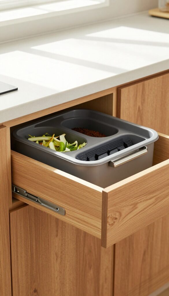 Pull-out drawer compost bin in a modern kitchen, filled with vegetable scraps and coffee grounds, warm wood cabinetry, natural light.